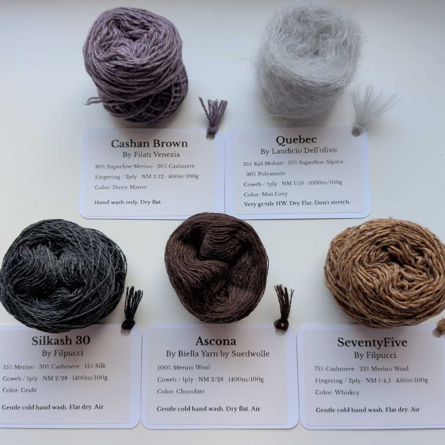 Collection of yarn balls with labels on a white background